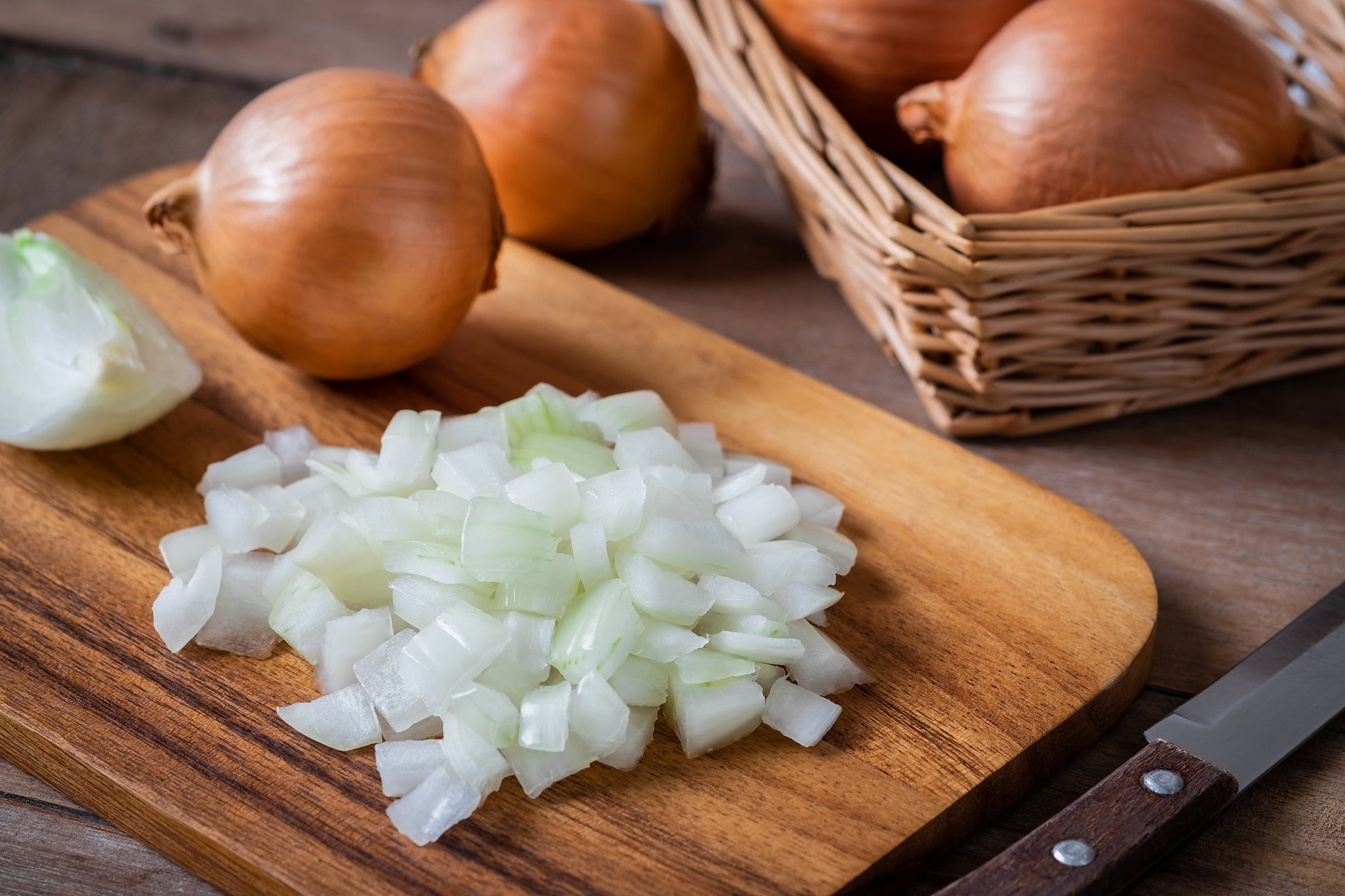 Chopped fresh onion used in Kekoa Foods vegetable puree.