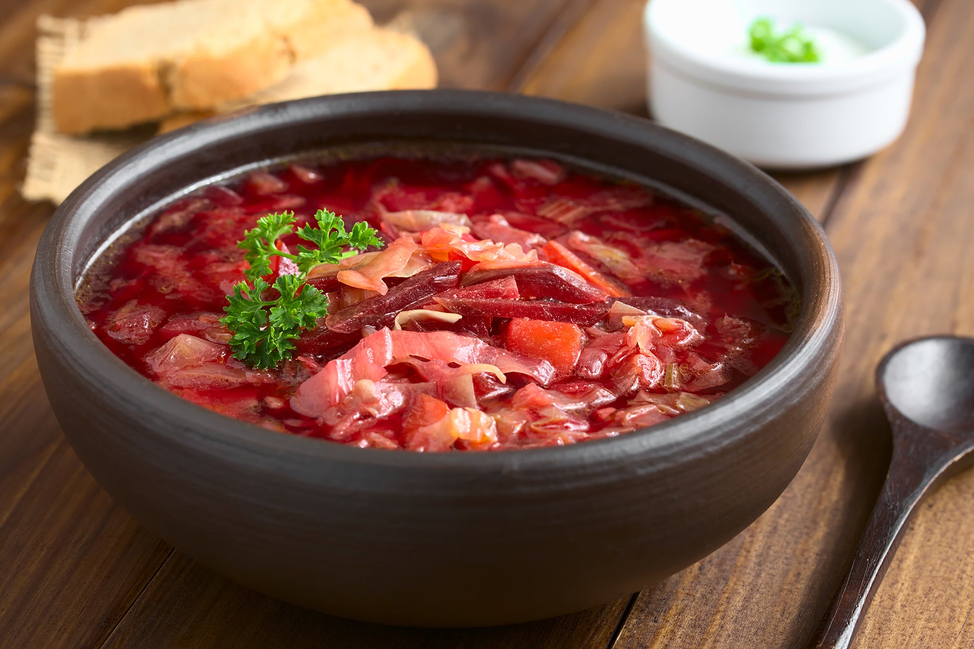 Borscht is a hearty soup made with beets, cabbage, potatoes, and sometimes meat.