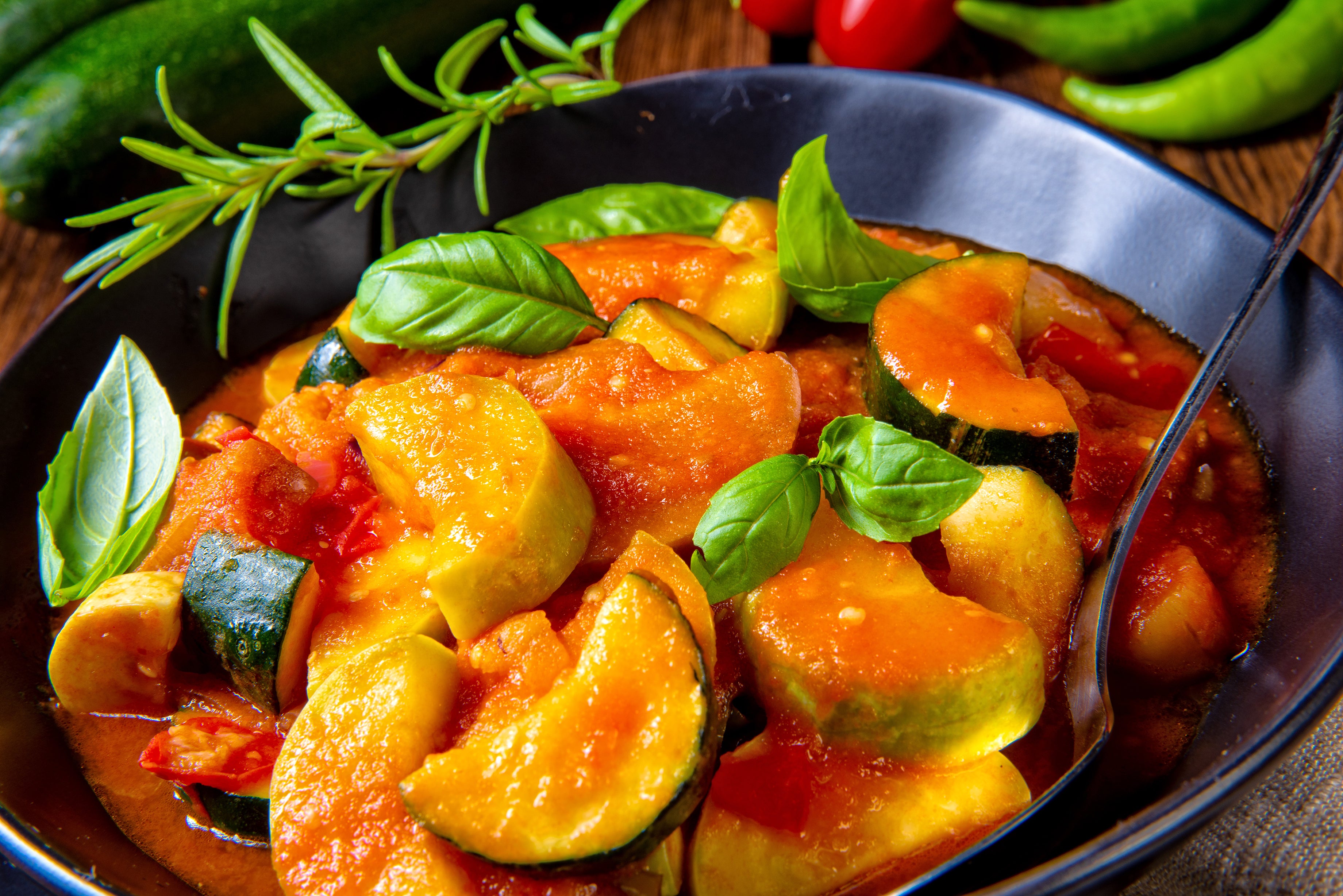 Ratatouill is a classic French dish made with sautéed eggplant, tomatoes, peppers, onions, and squash.