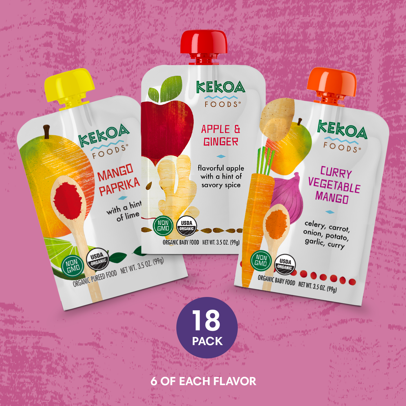 An image of three Kekoa Foods baby food pouches, each with different vibrant colors and unique flavor combinations - Apple & Ginger, Curry Vegetable Mango, and Mango Paprika.
